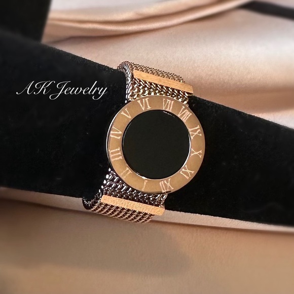 💎RING ROSE GOLD Roman Numeral Design Chain Stainless Steel Black Onyx - Picture 3 of 5